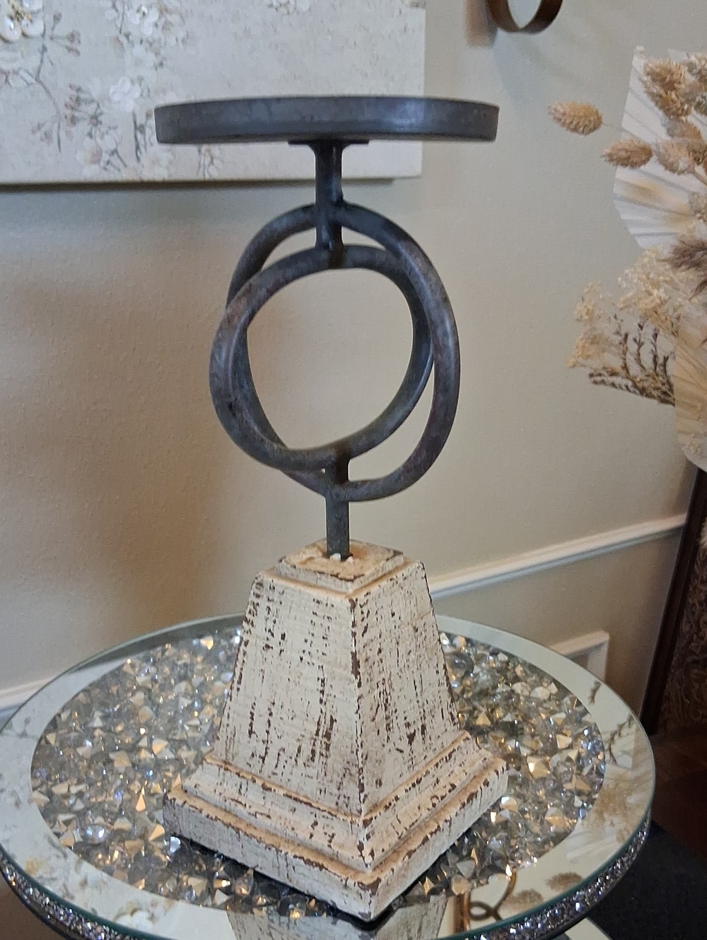 Decorative Distressed Cream and Metal Accent Candle Holder Pedestal